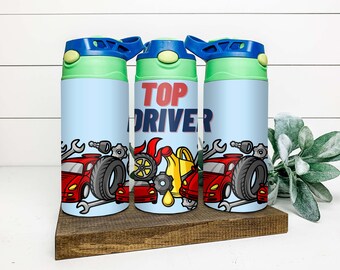 Personalisierte Flip Top Kindertasse, Kinderbecher, Autos, Fahrzeuge, Rennauto, Rennen, Flaggen, Schnabeltasse, benutzerdefinierte 12 Unzen Wasserflasche, Kleinkindtasse,