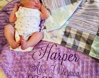 Personalized, Purple, Grey, Deer, Minky, Keepsake Quilt, Bear, Moose, Girl Blanket, Birth Stat,Woodland Blanket, Baby Bedding, Gift for her
