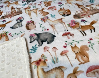 Personalized, Minky, Forest Animals Keepsake Blanket, Bear, Deer, Squirrel, Embroidered, Gender, Neutral, Nature Blanket, Raccoon, Bunny,Fox