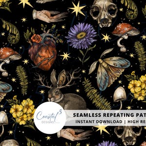 May include: A seamless repeating pattern featuring a dark background with various illustrations, including a skull, a heart, a moth, a rabbit, mushrooms, flowers, and stars. The pattern is in a dark, whimsical style.