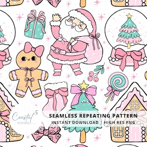 May include: A seamless repeating pattern featuring a variety of Christmas-themed illustrations, including gingerbread people, candy canes, snow globes, and Santa Claus. The illustrations are drawn in a cute, cartoon style and are colored in pink, green, and blue.