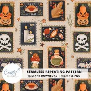 Peut inclure: Motif répété sans couture de timbres-poste de style vintage avec des illustrations d'Halloween. Les timbres représentent des citrouilles, des crânes, des bougies et d'autres éléments effrayants. Le fond est beige avec des étoiles et des feuilles éparpillées.