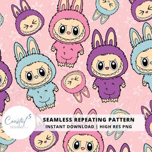 Labubu Monsters Seamless Pattern, Pink Labubu PNG, Labubu Sublimation, Repeating Pattern, Labubu Surface Pattern, Labubu Digital Paper
