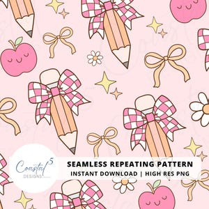 Pink Pencil Coquette Seamless Pattern, Girls Back to School Seamless Pattern, Digital Paper, Coquette Background, Pencil Surface Pattern