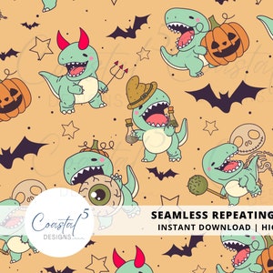 May include: A seamless repeating pattern featuring cute green dinosaurs dressed in Halloween costumes. The dinosaurs are holding pumpkins, eyeballs, potions, and a skeleton. The background is a light orange color with bats, stars, and other Halloween-themed elements.