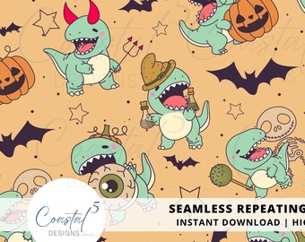 Halloween Dinosaur Seamless Pattern, Seamless Kids Dinosaur Pattern, boys halloween fabric, PNG for fabric sublimation, Surface Pattern