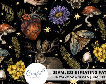 Witchy Night Garden Seamless Pattern, Dark Cottagecore Digital Paper, Celestial Pattern, Whimsical Moth Witchcraft Surface Fabric Pattern