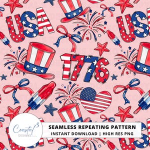 May include: Seamless repeating pattern with patriotic elements in red, white, and blue on a light pink background. Features include "USA" text, "1776" text, Uncle Sam hats, fireworks, stars, bows, and popsicle illustrations. The text "SEAMLESS REPEATING PATTERN" is also present.