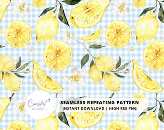 Lemon Seamless Pattern, Lemon Pattern, Lemon Digital Paper, Fruit Pattern, Summer Seamless, Lemon PNG, Lemon Sublimation, Gingham pattern