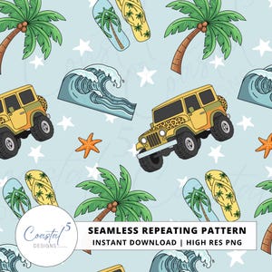 Può includere: Motivo ripetuto senza soluzione di continuità con sfondo azzurro chiaro, con illustrazioni di jeep gialle, palme, onde, stelle marine e infradito. Stelle bianche sparse nel design. È presente anche il testo "Coastal Designs" e "SEAMLESS REPEATING PATTERN".