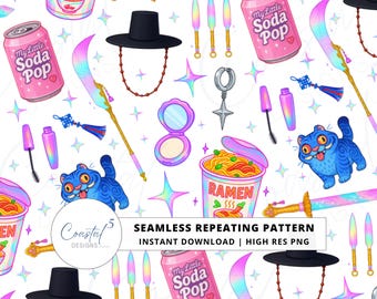 Kpop Demon Hunters Inspired Seamless Pattern, KPop Hunters Pattern, Huntrix Digital Paper, Demon Hunters Repeating Pattern, Surface Pattern