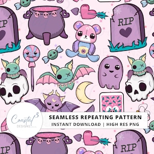 Pastel Goth Seamless Pattern, Girly Halloween Digital Pattern, Pastel Halloween Seamless Design, Goth Girl Seamless Pattern, Surface Pattern