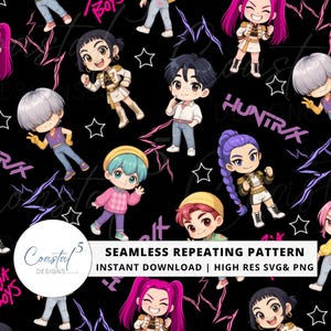 以下が含まれることがあります： 黒い背景に漫画のキャラクターが描かれたシームレスなリピートパターン。 「HUNTRAX」や「Saja Boys」などのスタイリッシュなキャラクター、星、テキスト要素が含まれています。 高解像度のSVGおよびPNG形式で即時ダウンロードできます。