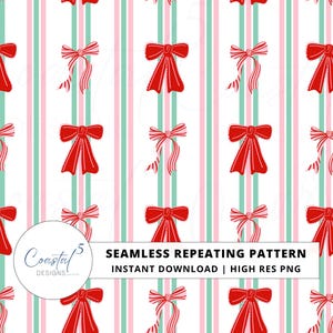 Coquette Bows Christmas Seamless Pattern, Preppy Christmas Digital Paper, Printable Scrapbook paper, Red Bows Surface Pattern, Christmas Bow