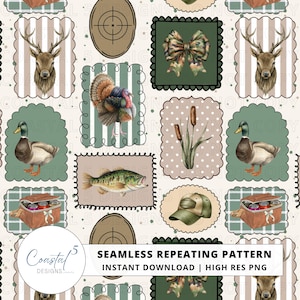 May include: Seamless repeating pattern featuring hunting and outdoor elements. Includes illustrations of a deer, turkey, duck, fish, bow, target, cooler, and a baseball cap. The design is set against a cream background with a repeating pattern of scalloped frames.