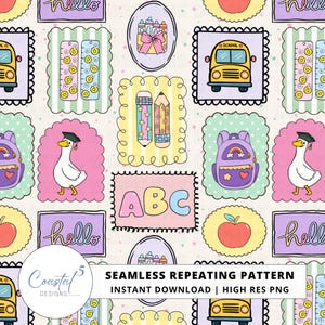 Back to School Frames Seamless Pattern | Girly Commercial Use Digital File, Retro School Bus Surface Pattern, Teacher Stationery Paper PNG