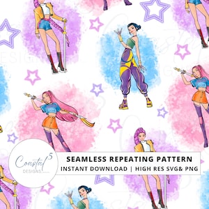 Könnte beinhalten: Nahtloses, sich wiederholendes Muster mit stilisierten Illustrationen von weiblichen Figuren in modischen Outfits, vor farbenfrohen Aquarellhintergründen mit Sternformen. Das Design enthält den Text "Coastal Designs".