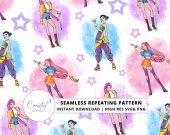 KPop Demon Hunters Seamless Pattern, KPop Hunters Digital Paper, Demon Hunters Repeating Pattern, Rumi Mira Zoey, Huntrix Surface Pattern