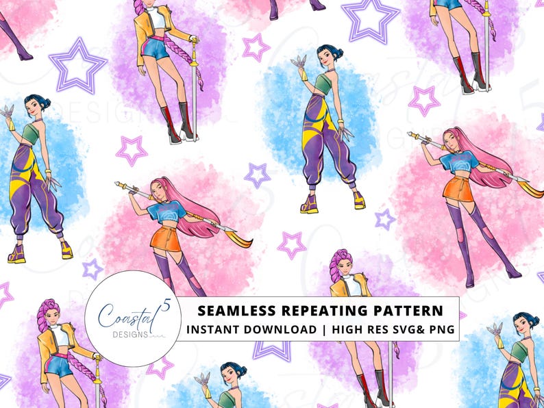 Kpop Demon Hunters Seamless Paper. Adorable purple background Huntrix digital paper with Rumi Mira and Zoeys. Perfect background for Kpop Demon Hunters digital scrapbooking, fabric sublimation, and more.