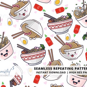 Op de afbeelding: Een naadloos herhalend patroon met cartoon ramen kommen met eetstokjes en hete saus. De kommen hebben schattige gezichten en zijn gevuld met noedels. De achtergrond is wit met roze harten.