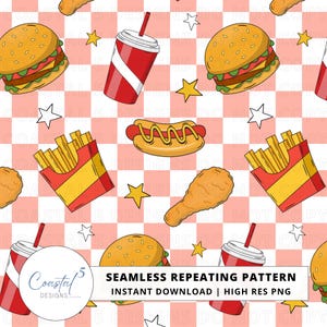 Könnte beinhalten: Nahtloses, sich wiederholendes Muster mit Cartoon-Illustrationen von Fast-Food-Artikeln wie Burgern, Pommes Frites, Hotdogs, Brathähnchen und Limonadenbechern. Das Design enthält Sterne auf einem rosa-weiß karierten Hintergrund. Text: "SEAMLESS REPEATING PATTERN".