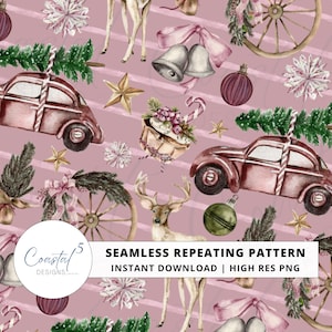 Vintage Christmas Seamless Pattern, Winter Repeating Pattern, Pink Christmas Surface Pattern, Holiday Digital Paper, Watercolor Seamless
