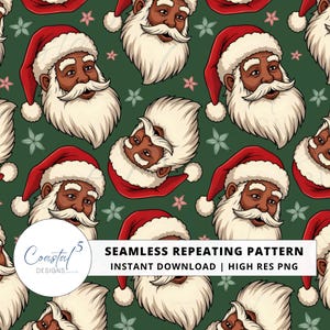 May include: Seamless repeating pattern featuring illustrations of Santa Claus with a dark complexion, wearing a red hat and white beard, set against a dark green background with pink and green floral accents. The text "SEAMLESS REPEATING PATTERN" is visible.