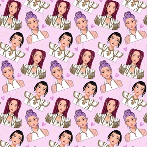 Kpop Demon Hunters Seamless Paper. Adorable purple background Huntrix digital paper with Rumi Mira and Zoey ramen noodle cups. Perfect background for Kpop Demon Hunters digital scrapbooking, fabric sublimation, and more.