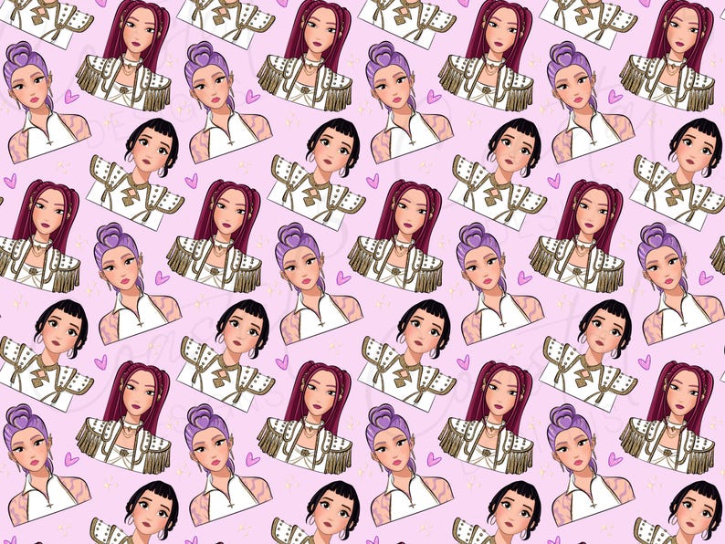 Kpop Demon Hunters Seamless Paper. Adorable purple background Huntrix digital paper with Rumi Mira and Zoey ramen noodle cups. Perfect background for Kpop Demon Hunters digital scrapbooking, fabric sublimation, and more.