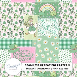 May include: A seamless repeating pattern with a St. Patrick's Day theme. The design features a patchwork of green, pink, and white squares with bows, shamrocks, daisies, and a cartoon goose. Text includes "Happy St. Patrick's Day".