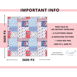 Patriotic patchwork seamless pattern featuring watercolor American flags, cola bottles, cherries, and bunting in red, white, and blue to be used in sublimation, kids fabric, wallpaper, custom wrapping paper, bows, and more.