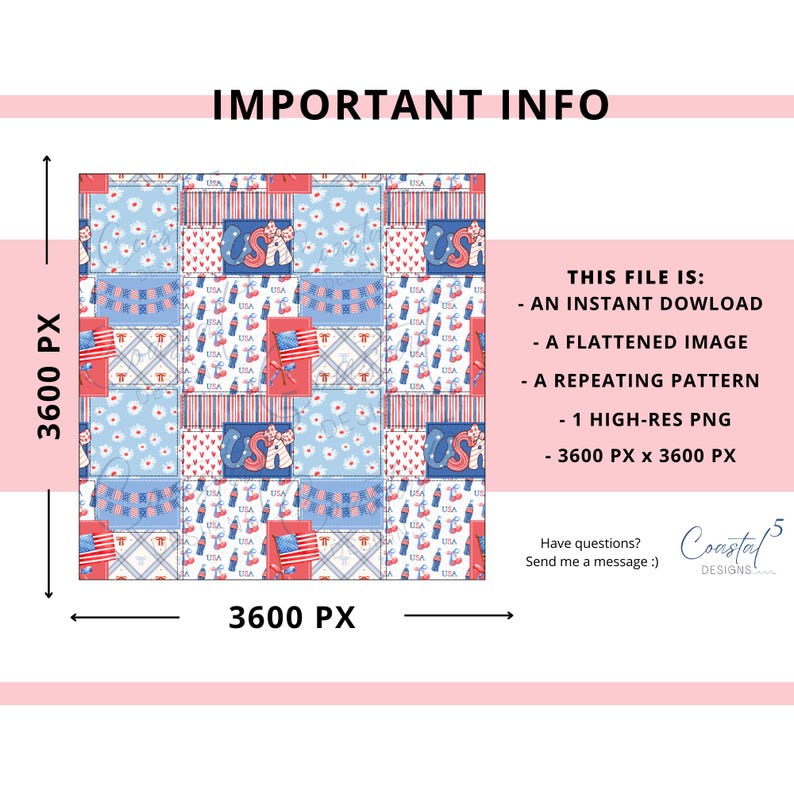 Patriotic patchwork seamless pattern featuring watercolor American flags, cola bottles, cherries, and bunting in red, white, and blue to be used in sublimation, kids fabric, wallpaper, custom wrapping paper, bows, and more.
