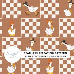 May include: A seamless repeating pattern featuring white geese in various outfits, including pilgrim hats, beanies, and scarves, set against a brown and cream checkerboard background. The geese are depicted holding corn or turkey legs, with some wearing roller skates.