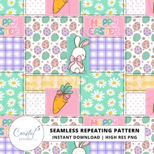 Pode incluir: Padrão repetitivo sem costura com ilustrações temáticas de Páscoa. O design inclui cenouras, margaridas, ovos de Páscoa e um coelhinho com um laço rosa. O texto "Happy Easter" também está presente. PNG de alta resolução.