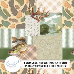 Może przedstawiać: Bezszwowy powtarzający się wzór z patchworkiem. Wzór zawiera rybę, poroże jelenia, kamuflaż i inne elementy o tematyce przyrodniczej w odcieniach zieleni, brązu i beżu. Widoczny jest tekst "SEAMLESS REPEATING PATTERN".