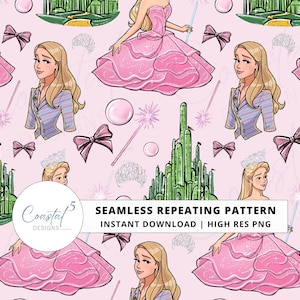 Glinda Seamless Pattern with pink background, emerald city, Wicked 2 characters, magic want, and Glinda bubbles for sublimation, kids fabric, custom wrapping paper, digital scrapbooking, and more!