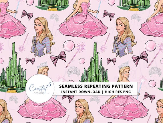 Glinda Seamless Pattern, Wicked Seamless Pattern, Emerald City Digital Paper, Good Witch Digital Paper, surface pattern, Kids Fabric