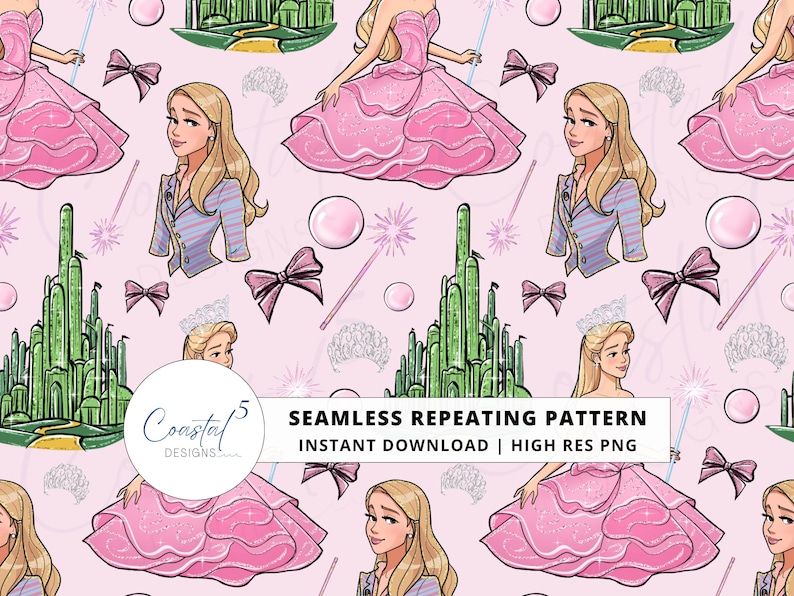 Glinda Seamless Pattern with pink background, emerald city, Wicked 2 characters, magic want, and Glinda bubbles for sublimation, kids fabric, custom wrapping paper, digital scrapbooking, and more!