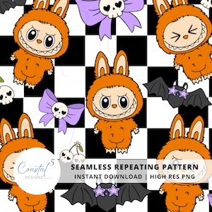 Halloween Labubu Monster Nahtloses Muster, Labubu PNG, Labubu Sublimation, Labubu Oberflächenmuster, digitales Papier, Kawaii Laububu