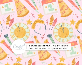 Pink New Year's Eve Seamless Pattern, 2026 New Year Seamless Pattern, New Year Digital Download, New Years Surface Pattern, NYE Seamless
