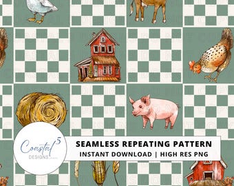 Farm Life Seamless Pattern, Barnyard Seamless, Boys Fall Fabric, Checkerboard Farm Animals, Country Life, Farmhouse Checkerboard