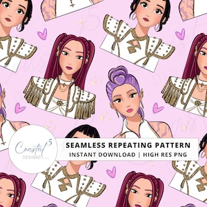 KPop Hunters Seamless Pattern, Huntrix Paper, K Pop Demon Hunters Repeating Pattern, Rumi Mira Zoey Sublimation, K Pop Surface Pattern