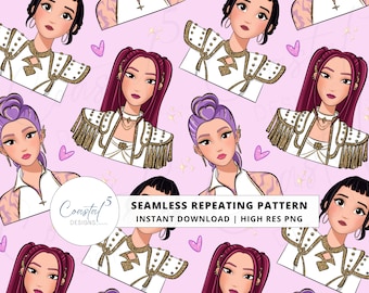 Patrón sin costuras de cazadores del K-Pop, papel Huntrix, patrón repetitivo de cazadores de demonios del K-Pop, sublimación de Rumi Mira Zoey, patrón de superficie del K-Pop
