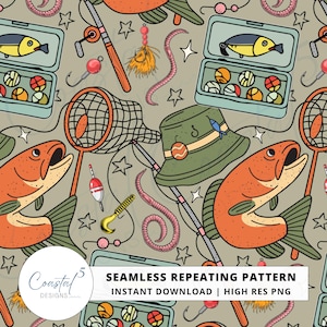 May include: Seamless repeating pattern featuring fishing-themed illustrations. The design includes orange fish, fishing rods, tackle boxes, worms, bobbers, and a green fishing hat. The text "SEAMLESS REPEATING PATTERN" and "INSTANT DOWNLOAD | HIGH RES PNG" are also included.