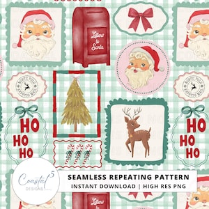 May include: A seamless repeating pattern featuring illustrations of Santa Claus, a red postbox labelled Letters to Santa, a gold Christmas tree, a reindeer, candy canes, red bows, and North Pole Express Mail stamps on a light green plaid background.