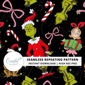 May include: Seamless repeating pattern featuring the Grinch, Cindy Lou Who, and Max the dog, along with candy canes and bows, on a black background. The Grinch is wearing a red Santa suit and hat. The pattern is a high-resolution PNG.