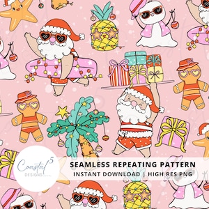 May include: Seamless repeating pattern featuring cartoon Santa Claus characters, gingerbread men, and snowmen in sunglasses, with surfboards, gifts, and palm trees, on a pink background. The design includes the text "SEAMLESS REPEATING PATTERN" and "INSTANT DOWNLOAD | HIGH RES PNG".