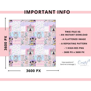 Patchwork Theme Park Seamless Pattern. Use this pastel magic mouse repeating pattern for hair bows, kids fabric, sublimation, tshirt designs, and more! Adorable pastel colors of magic mouse, dreamy castle, theme park rides, park snacks, and dainty patterns in a faux quilt like repeating pattern.
