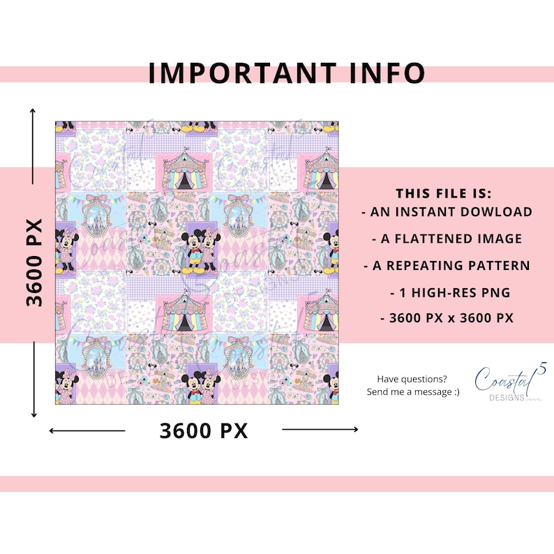 Patchwork Theme Park Seamless Pattern. Use this pastel magic mouse repeating pattern for hair bows, kids fabric, sublimation, tshirt designs, and more! Adorable pastel colors of magic mouse, dreamy castle, theme park rides, park snacks, and dainty patterns in a faux quilt like repeating pattern.