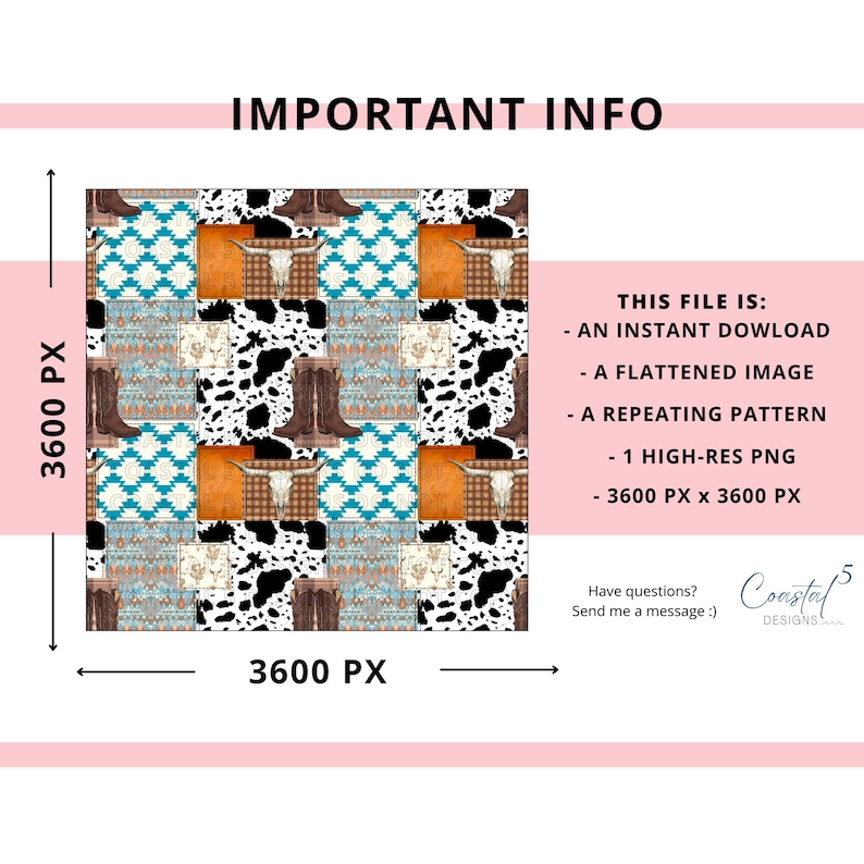Seamless western patchwork pattern featuring cow print, brown cowboy boots, a longhorn steer skull, and teal southwestern aztec designs. Digital fabric paper.